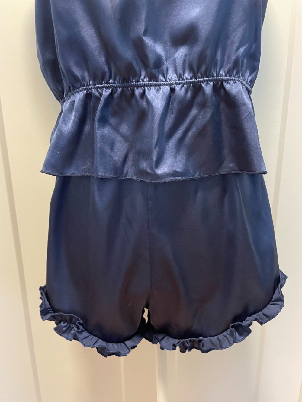 Satin Cami Ruffle Shorts Sleep Set Navy Blue Coquette Lounge Two Piece Size L/XL - Picture 3 of 14